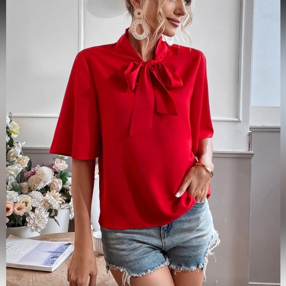Elegant Red Tie Neck Blouse